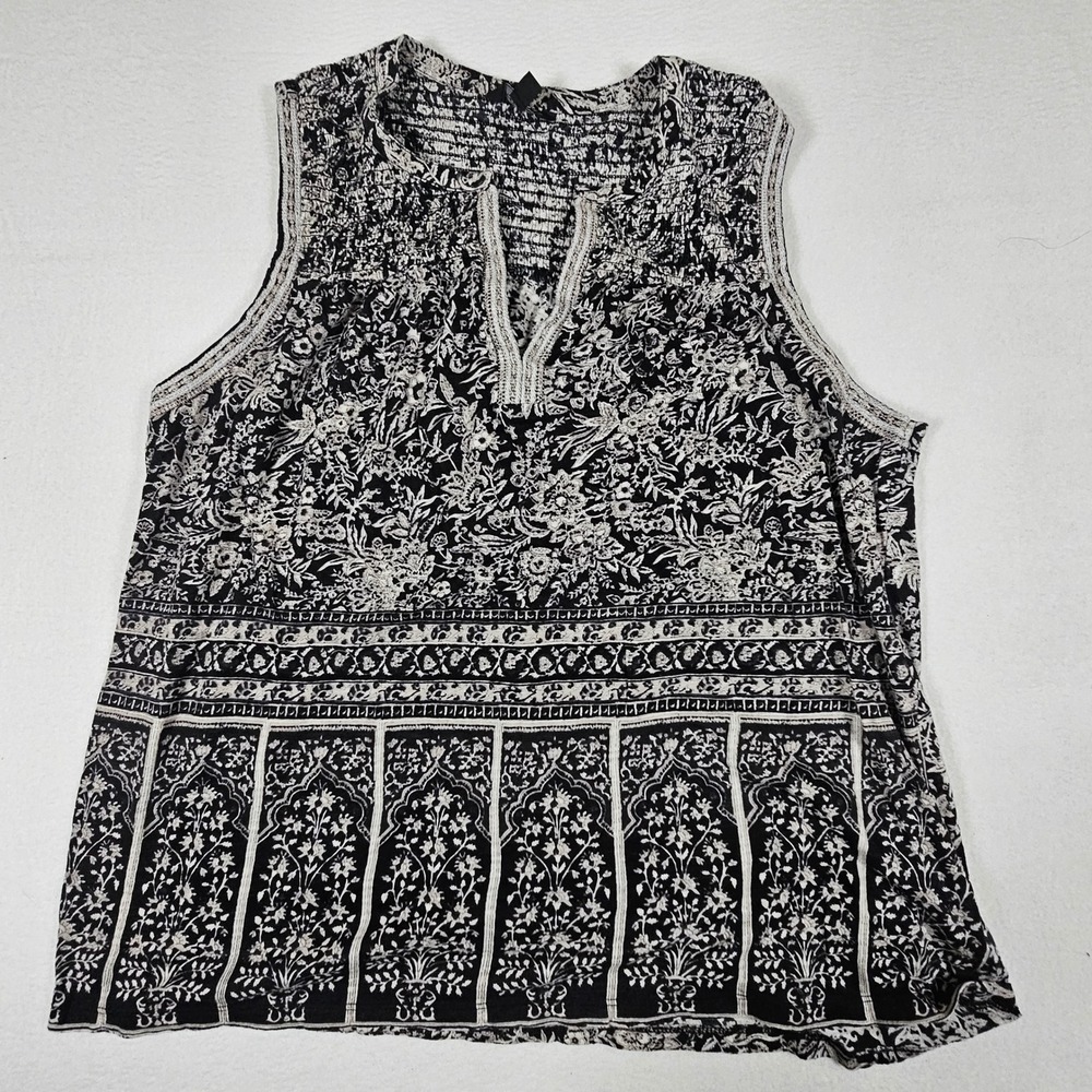 Lucky Brand Womens Black White Floral Woodblock Sleeveless Smocked Top 7W64682 L